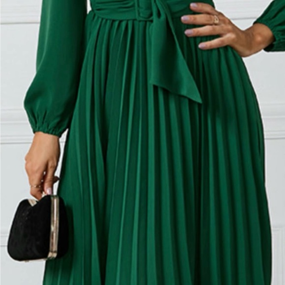 Women Casual Dress V Neck Long Sleeve A Line Pleated Dress Tie Waist Solid Flowy - Picture 2 of 5